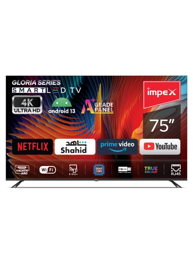 Impex 75 Inch 4K Ultra HD Smart Android LED TV-Frame Less Design,Mirror Cast And E-Share, HDMI\USB\ Wi-Fi Input, Netflix, YouTube, Disney+, Apple TV+, Starz Play Arabia GLORIA 75 SMART Black - Image 2