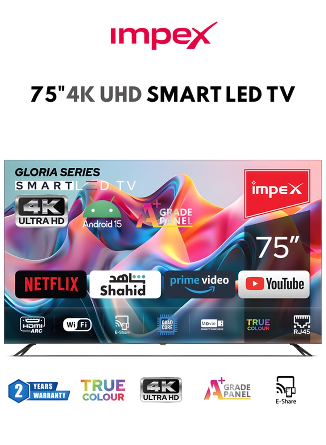 75 Inch 4K Ultra HD Smart Android LED TV - 3840x2160 Resolution Television, Frame Less Design, Mirror Cast And E-Share, HDMI\USB\ Wi-Fi Input, Netflix, YouTube, Disney+, Apple TV+, Starz Play Arabia, 2 year Warranty, GLORIA 75 SMART - Black GLO