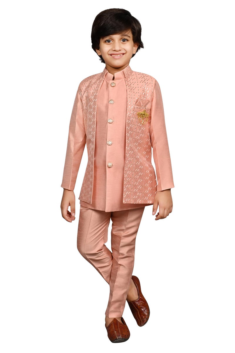 AHHAAAA Ahaaaa Kids Ethnic Silk Blend Bollywood Style Sherwani Waistcoat Kurta and Pyjama Set for Boys 526MF |Pink 6-7 Years, 526| - Image 1