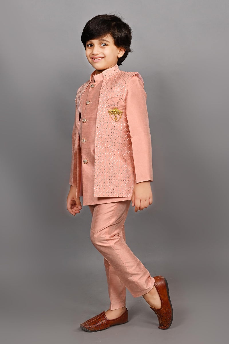 AHHAAAA Ahaaaa Kids Ethnic Silk Blend Bollywood Style Sherwani Waistcoat Kurta and Pyjama Set for Boys 526MF |Pink 6-7 Years, 526| - Image 5