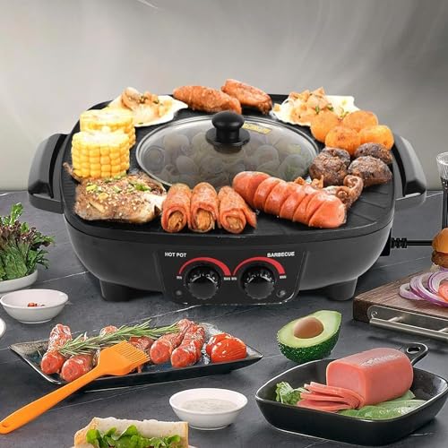 VBM Non-Stick Portable Electric Barbecue Stove/Grill with Hot Pot 2 in 1 Indoor Non-Stick Electric Hot Pot and Griddle for Korean BBQ, Steaks, Shabu - Shabu and Noodles,Soup Maker-Electric Cooker - Image 2