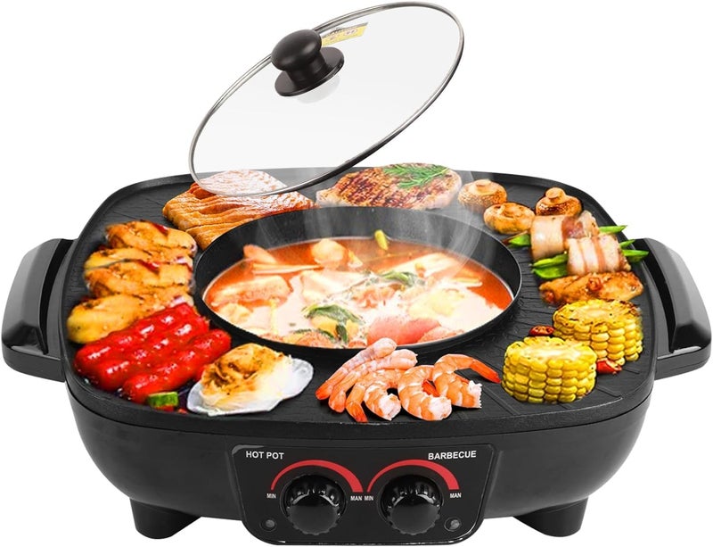 VBM Non-Stick Portable Electric Barbecue Stove/Grill with Hot Pot 2 in 1 Indoor Non-Stick Electric Hot Pot and Griddle for Korean BBQ, Steaks, Shabu - Shabu and Noodles,Soup Maker-Electric Cooker - Image 1