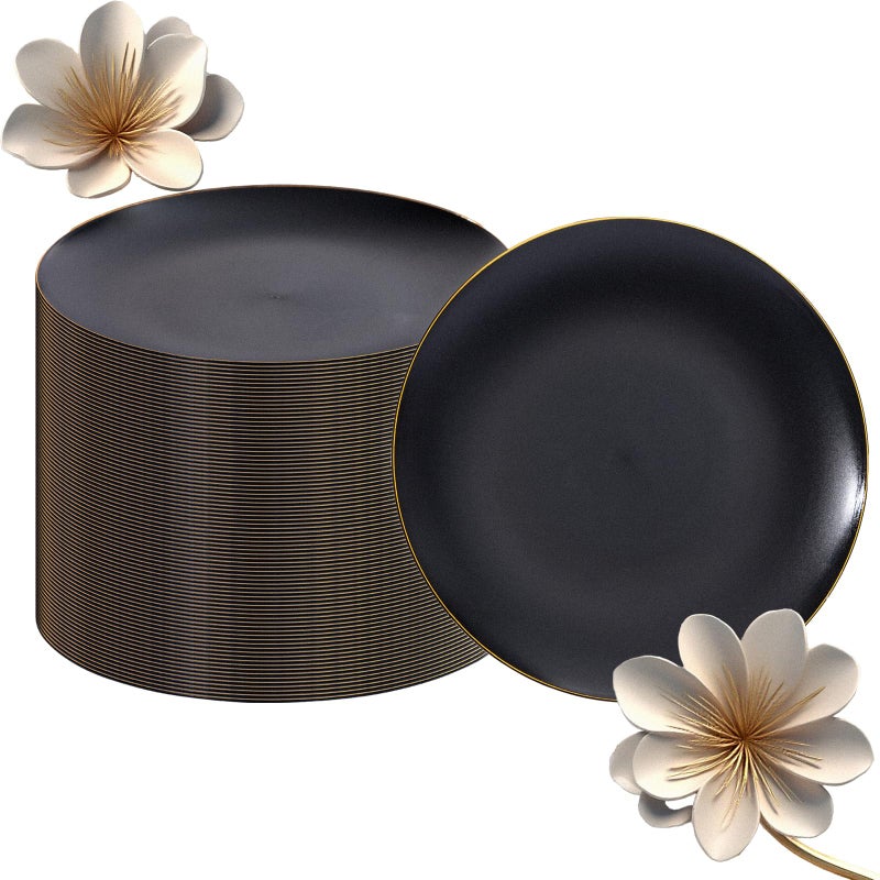 ejonirinjonir EI enjonirinjonir 80pcs Black Dessert Plates with Gold Rim,7.5inch Heavy Duty Disposable Matte Plastic Party Platos Frosted Small Black Dessert/Cake/Appetizer Plastic Plates for Wedding/Tea Party - Image 1