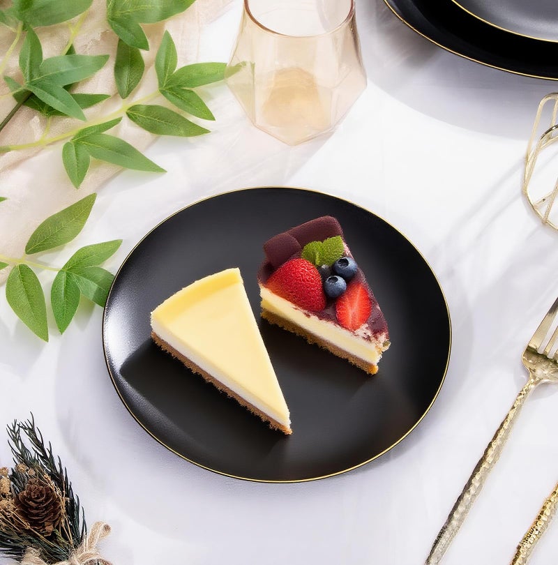 ejonirinjonir EI enjonirinjonir 80pcs Black Dessert Plates with Gold Rim,7.5inch Heavy Duty Disposable Matte Plastic Party Platos Frosted Small Black Dessert/Cake/Appetizer Plastic Plates for Wedding/Tea Party - Image 2