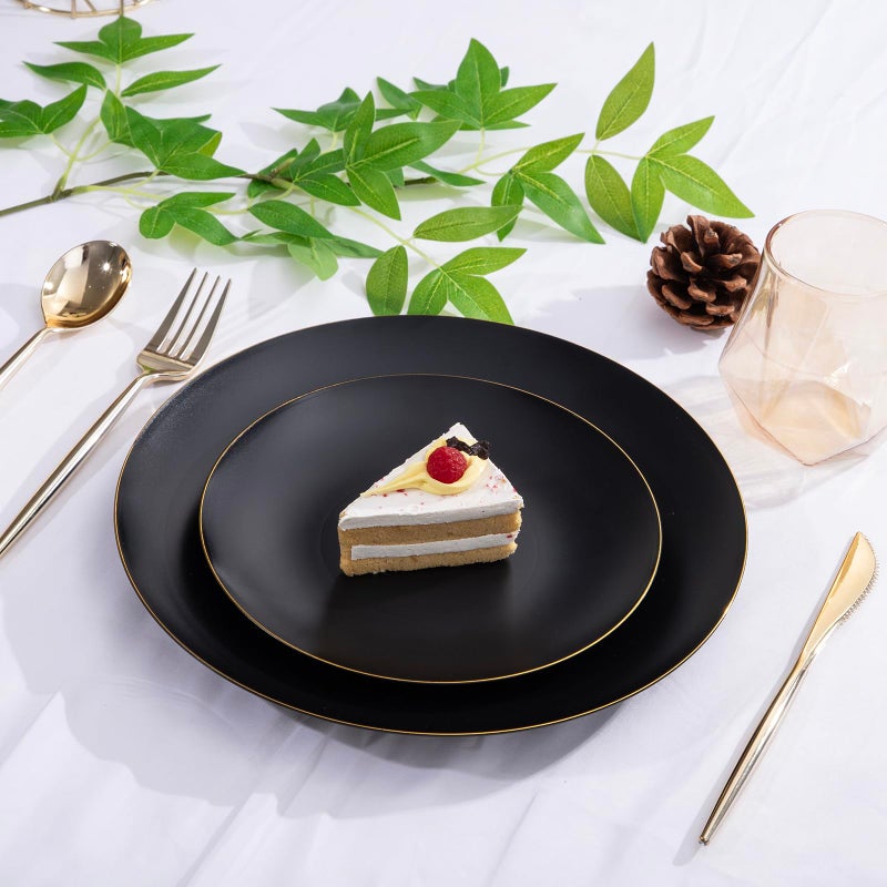 ejonirinjonir EI enjonirinjonir 80pcs Black Dessert Plates with Gold Rim,7.5inch Heavy Duty Disposable Matte Plastic Party Platos Frosted Small Black Dessert/Cake/Appetizer Plastic Plates for Wedding/Tea Party - Image 4