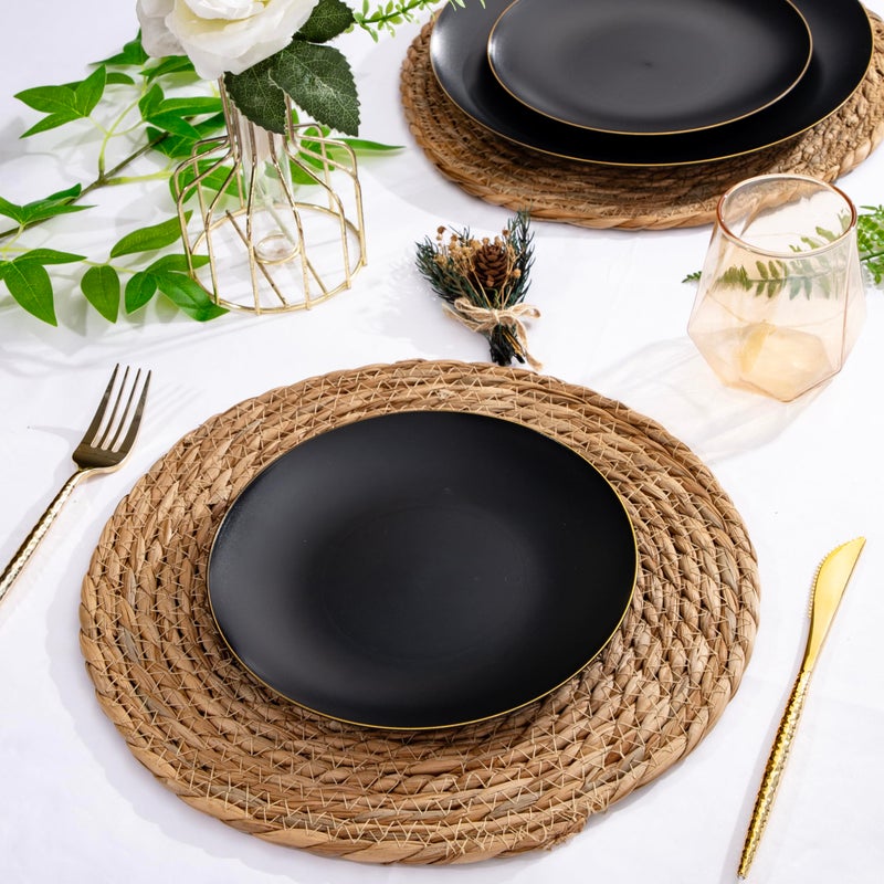 ejonirinjonir EI enjonirinjonir 80pcs Black Dessert Plates with Gold Rim,7.5inch Heavy Duty Disposable Matte Plastic Party Platos Frosted Small Black Dessert/Cake/Appetizer Plastic Plates for Wedding/Tea Party - Image 5