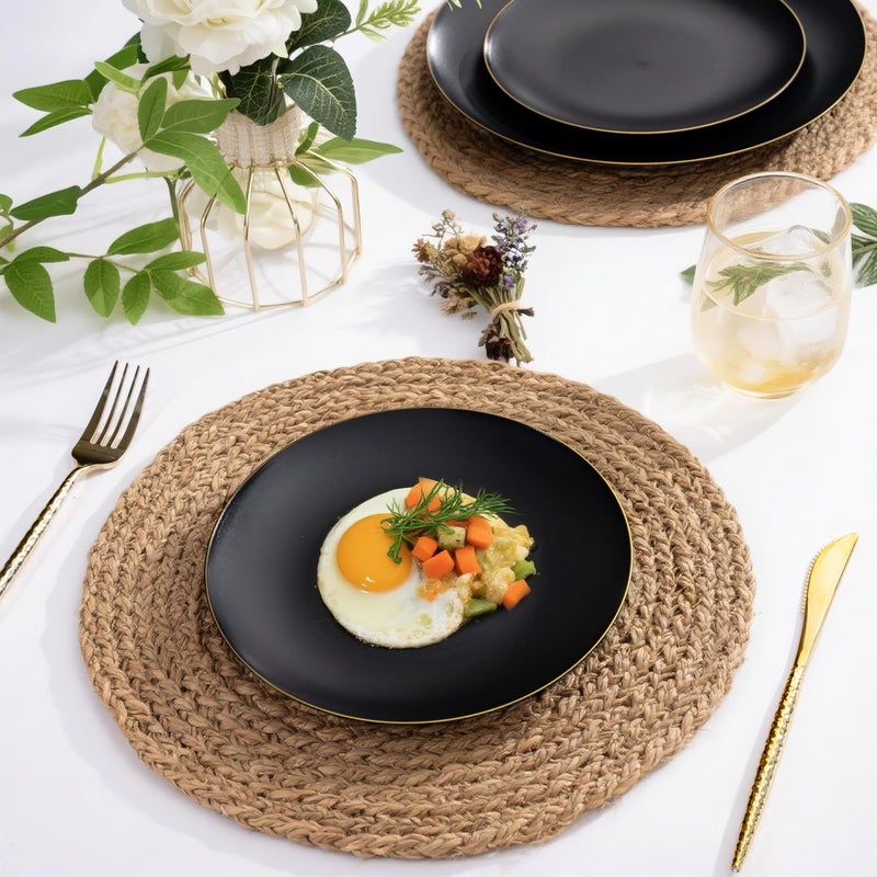 ejonirinjonir EI enjonirinjonir 80pcs Black Dessert Plates with Gold Rim,7.5inch Heavy Duty Disposable Matte Plastic Party Platos Frosted Small Black Dessert/Cake/Appetizer Plastic Plates for Wedding/Tea Party - Image 3