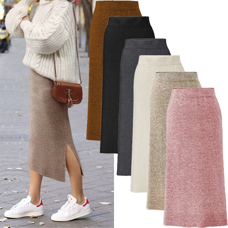 Wool Midi Skirt Women Autumn Winter Plus Size Knitted Pencil Skirt Black