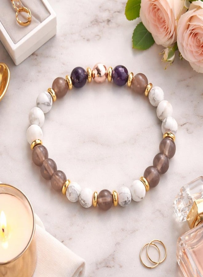 Sukhad Natural Stone Beaded Bracelet for Women | White Howlite, Smoky Quartz & Amethyst Crystal Bracelet | Stretchable Handmade Fashion Jewelry | Elegant Daily Wear Gift - Image 4