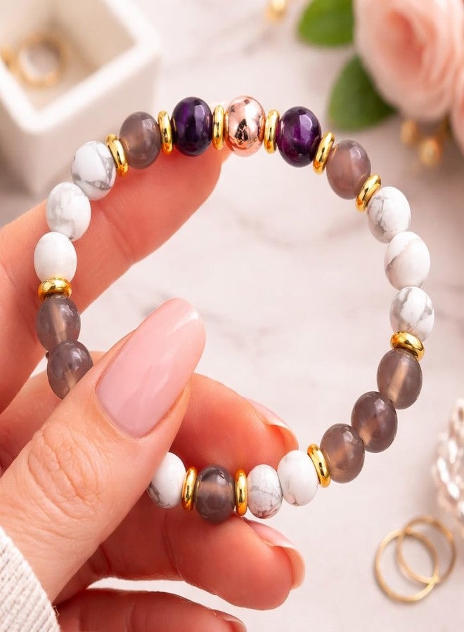 Sukhad Natural Stone Beaded Bracelet for Women | White Howlite, Smoky Quartz & Amethyst Crystal Bracelet | Stretchable Handmade Fashion Jewelry | Elegant Daily Wear Gift - Image 3