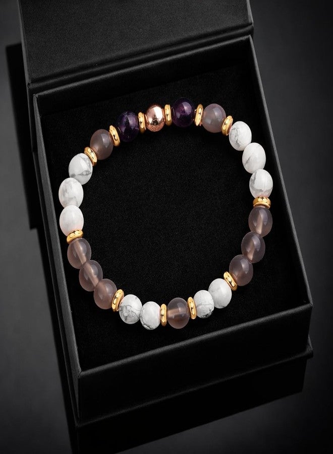 Sukhad Natural Stone Beaded Bracelet for Women | White Howlite, Smoky Quartz & Amethyst Crystal Bracelet | Stretchable Handmade Fashion Jewelry | Elegant Daily Wear Gift - Image 5