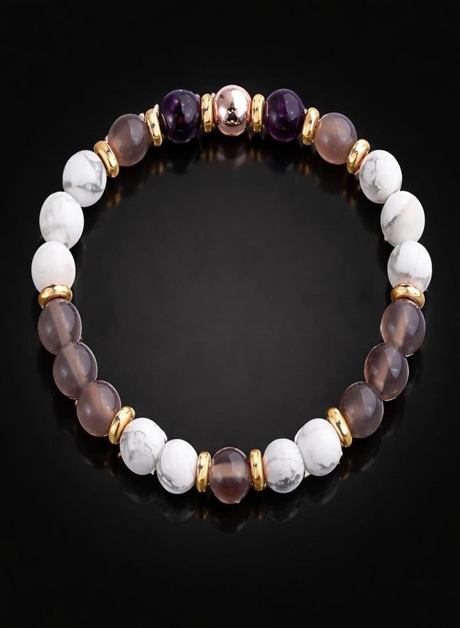 Sukhad Natural Stone Beaded Bracelet for Women | White Howlite, Smoky Quartz & Amethyst Crystal Bracelet | Stretchable Handmade Fashion Jewelry | Elegant Daily Wear Gift - Image 2