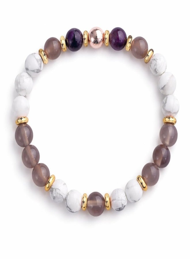 Sukhad Natural Stone Beaded Bracelet for Women | White Howlite, Smoky Quartz & Amethyst Crystal Bracelet | Stretchable Handmade Fashion Jewelry | Elegant Daily Wear Gift - Image 1