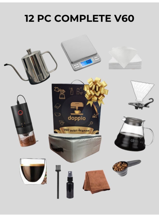 DOPPIO 12 Pcs V60 Premium Pour Over Electric Coffee Maker with Electric Grinder Dripper Set, Coffee Server Pot Size 02, V60 Glass Coffee Dripper with Wood Stand Dripper, Scale (Premium Kit) - Image 2