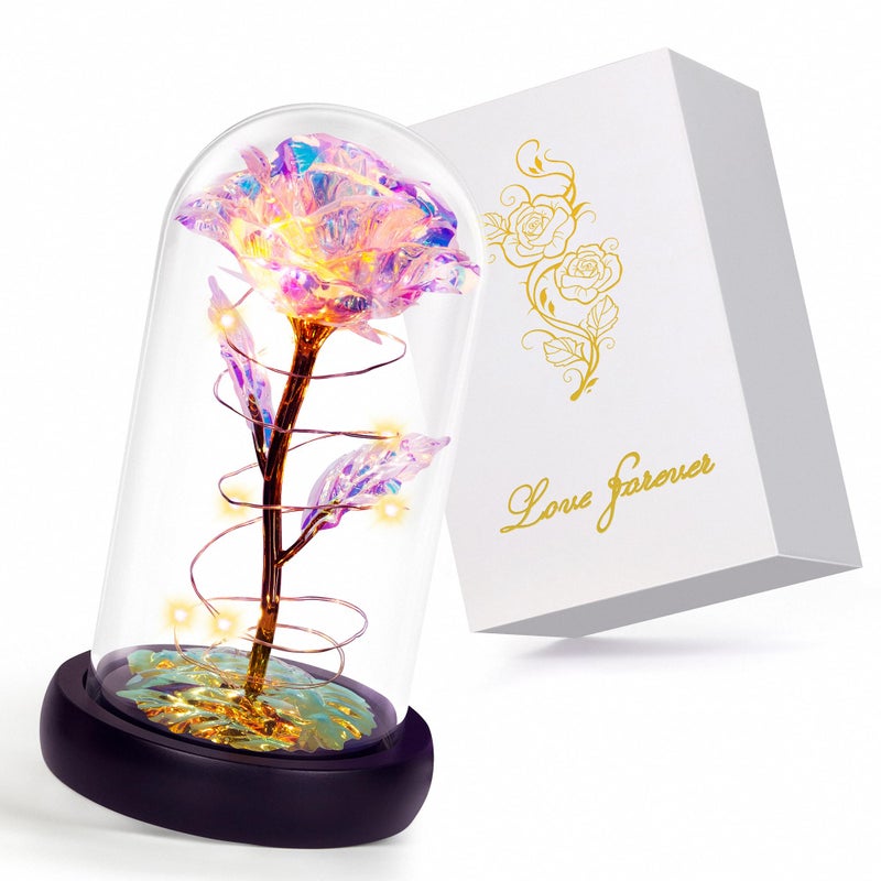 Childom Birthday Gifts for Women,Christmas Rose Gifts for Mom,Women,Her,Wife,Grandma,Light Up Rose in Glass Dome,Colorful Rainbow Flowers for Delivery Christmas,Anniversary,Valentines Day,Mothers Day - Image 1
