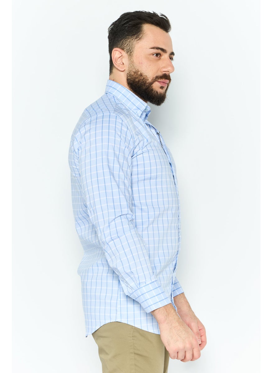 Tailorbyrd Men Performance Fit Long Sleeve Windowpane Casual Shirt, Light Blue  - Image 4