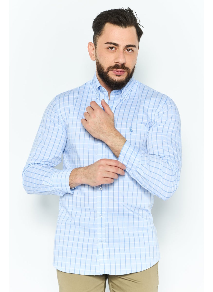 Tailorbyrd Men Performance Fit Long Sleeve Windowpane Casual Shirt, Light Blue  - Image 1
