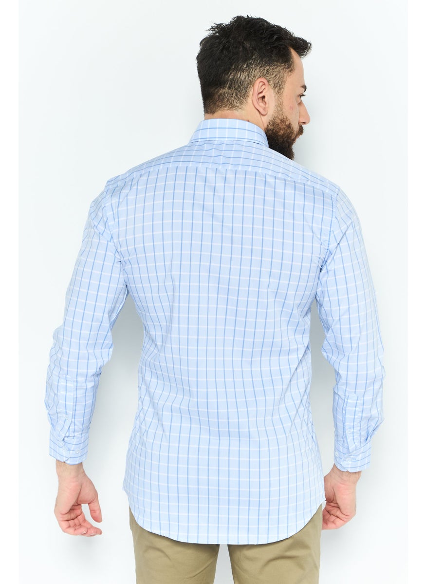 Tailorbyrd Men Performance Fit Long Sleeve Windowpane Casual Shirt, Light Blue  - Image 3