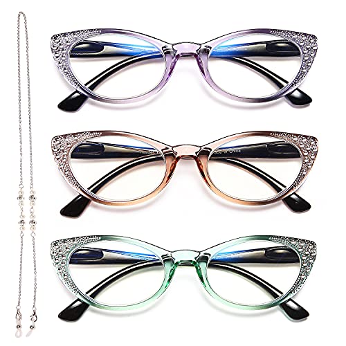 EYEURL Cat Eye Reading Glasses for Women Blue Light Blocking 3 Pack Computer Readers 2.50 with Spring Hinge Eyeglasses Stylish Bright Flashing Design - Image 1