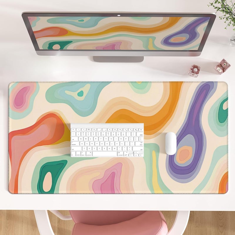 AQQA Abstract Aesthetic Desk Mat DesktopGaming Mouse Pad Long Cute Large Desk Pads 315X157 Inch Mousepad with NonSlip Base Stitched Edge Keyboard Mat for Gaming Office Abstract Modern Colorful - Image 2