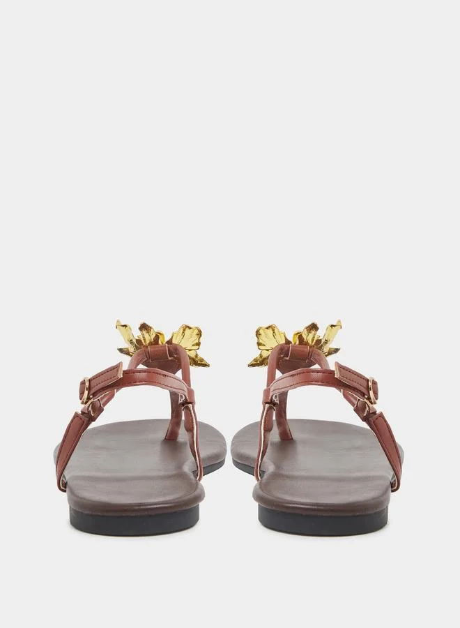 Styli Gold Tone Flower Embellished Flat Sandals