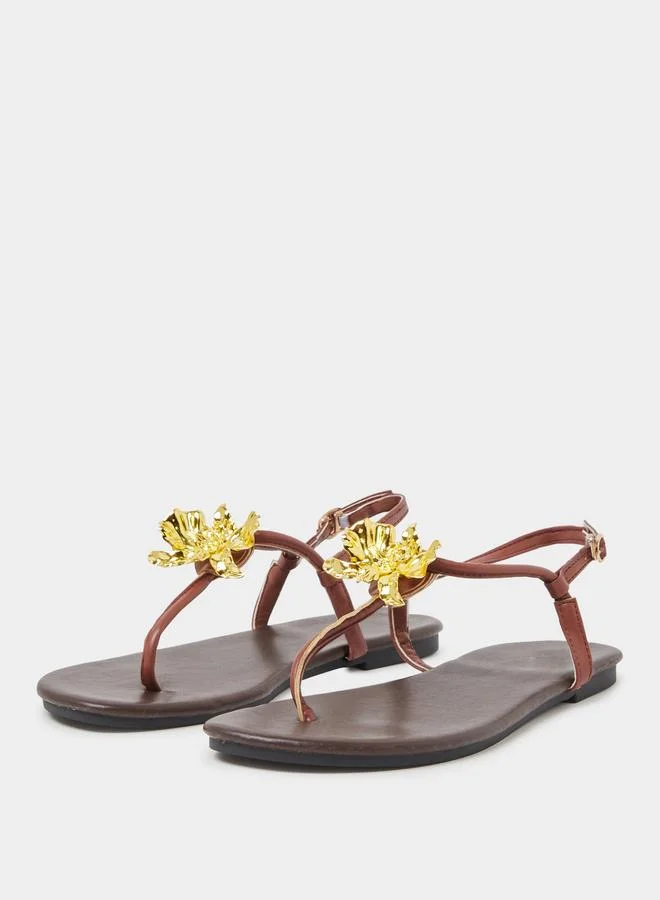 Styli Gold Tone Flower Embellished Flat Sandals