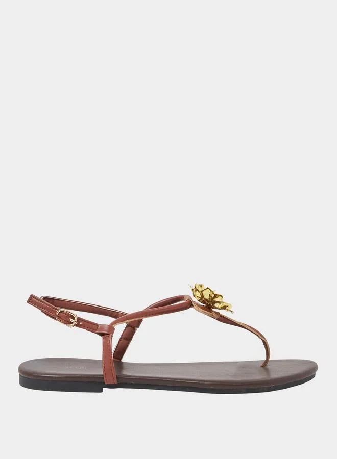 Styli Gold Tone Flower Embellished Flat Sandals
