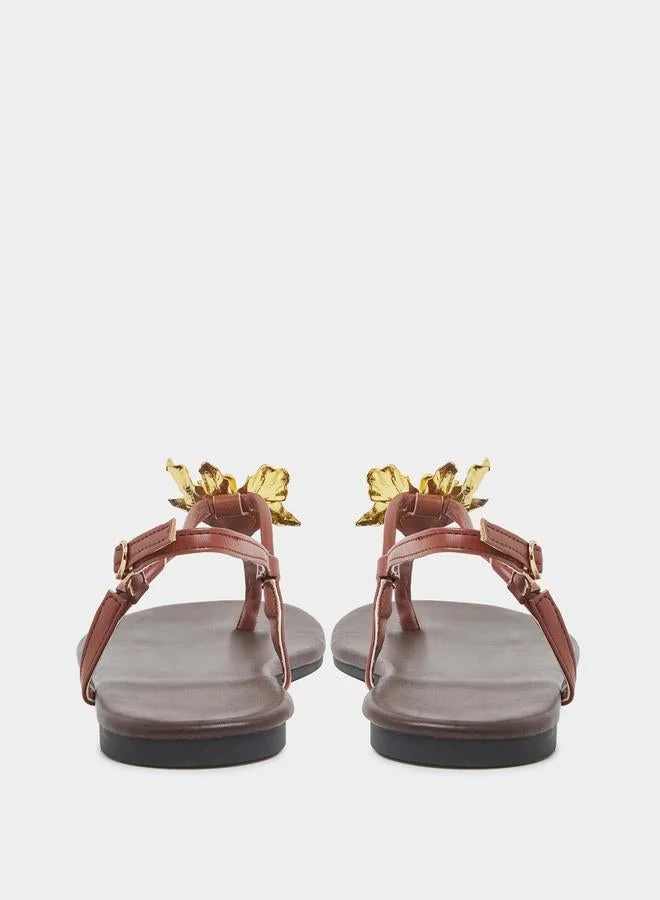 Styli Gold Tone Flower Embellished Flat Sandals