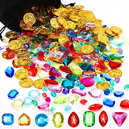 Gejoy 430 Pcs Summer Pool Pirate Party Favors Pirate Treasure Jewels and Gold Fake Coins Booty Chest Play Set with Drawstring Bag for Summer Diving Adventure Themed Party Decorations - Image 1