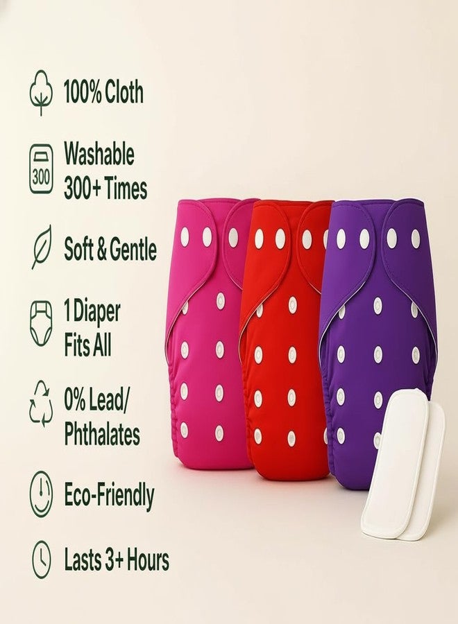 PENTOO Baby Cloth Diapers 0 to 3 Years | Side Leakage Proof Washable Reusable Diaper For New Born Baby Freesize Adjustable, Assorted 3(Pack of 3- Inserts Included) (Pink-Red-Purple) - Image 3