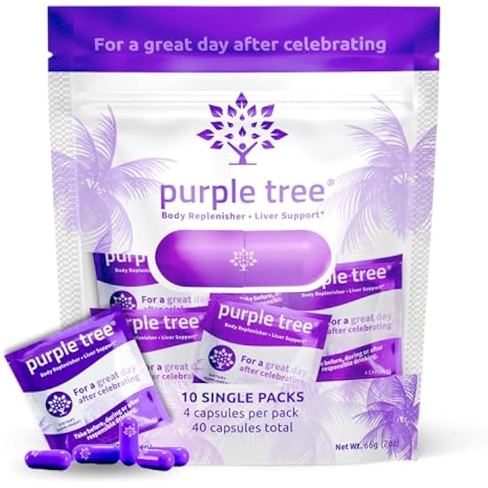 purple tree Post-Celebration Wellness | Liver Support, Hydration & Replenisher | Dihydromyricetin DHM, Milk Thistle, Electrolytes, Vitamins | Bachelorette & Bachelor Party Kits, 10 Packs, 40 Pills - Image 1