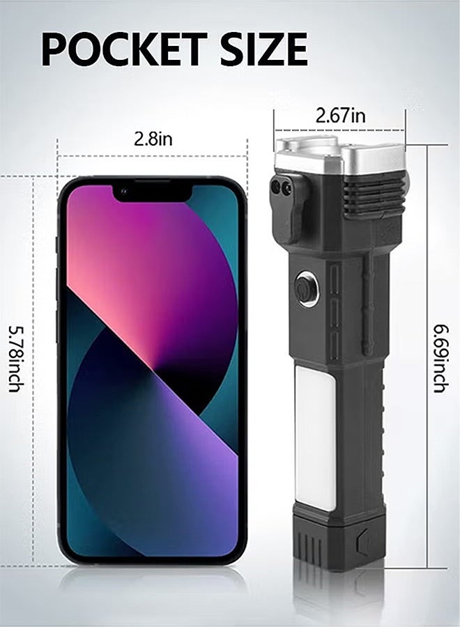 Photon مصباح يدوي عالي السطوع ومقاوم للماء، مصباح يدوي LED مزود بمطرقة لشحن الهاتف المحمول، 3 أوضاع إضاءة خارجية، سطوع قابل للتعديل (أسود) - Image 2