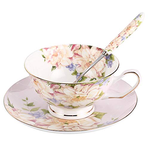 JinGlory Pink Tea Cup,Floral Tea Cup and Saucer Set,Bone China Tea Set,Coffee Cup,Tea Set for Adults/Friends/Women/Men,7OZ - Image 1