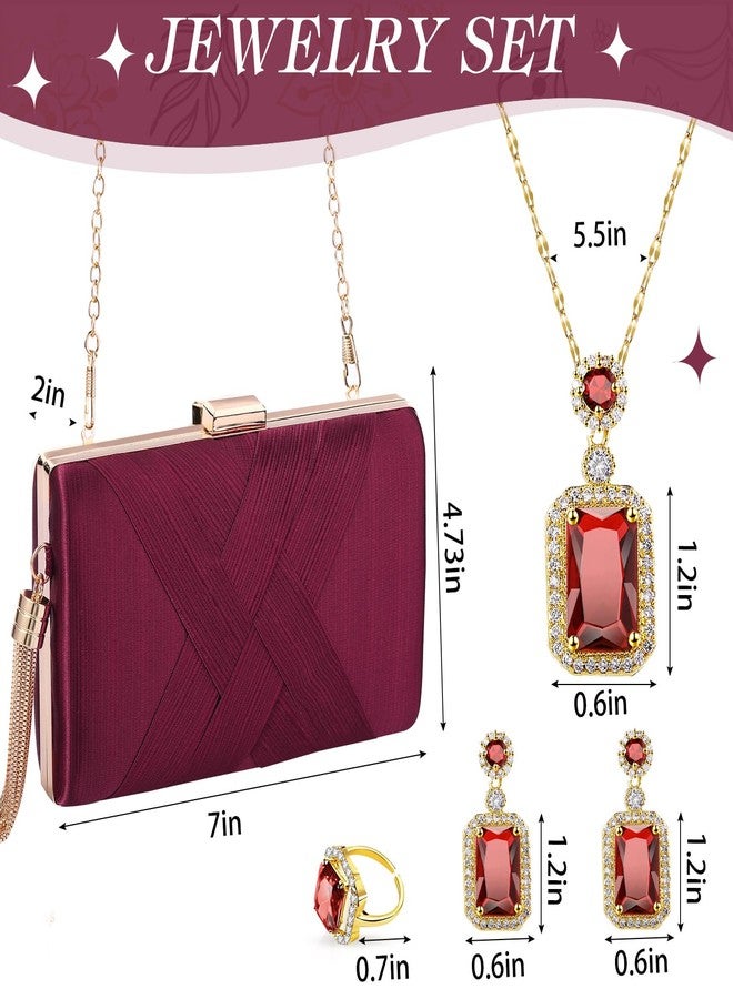 جيديف مجموعة مجوهرات من 5 قطع من جاديف، تتضمن حقيبة سهرة وأقراط وقلادة وخاتم، مناسبة لحفلات الزفاف والسهرات والمناسبات الخاصة (لون أحمر خمري). - Image 4