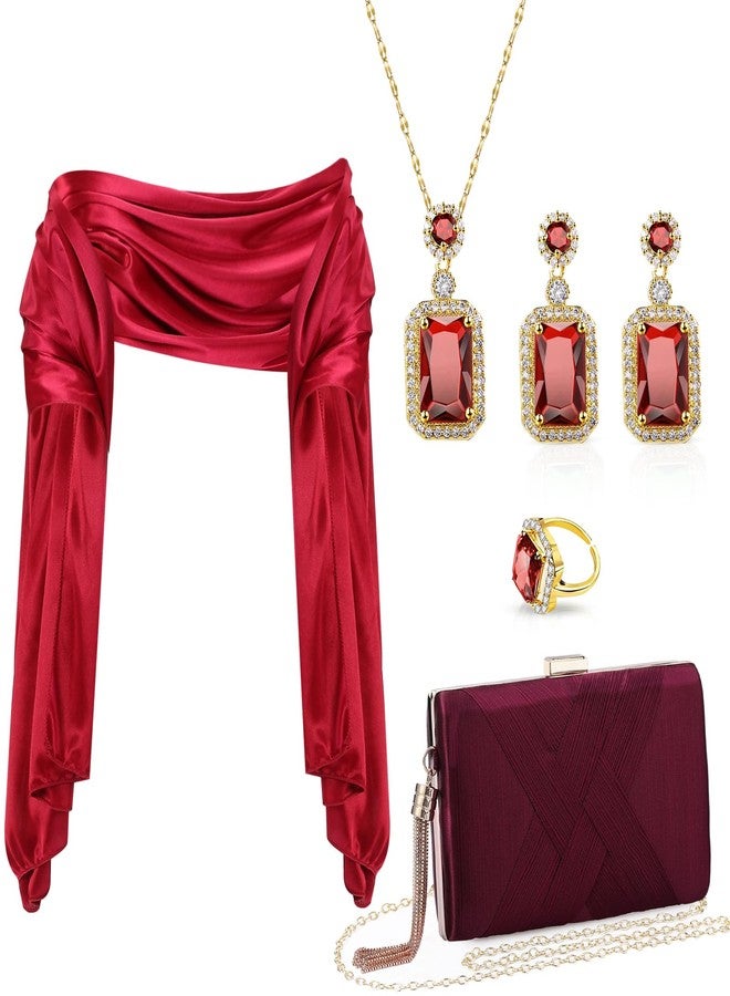جيديف مجموعة مجوهرات من 5 قطع من جاديف، تتضمن حقيبة سهرة وأقراط وقلادة وخاتم، مناسبة لحفلات الزفاف والسهرات والمناسبات الخاصة (لون أحمر خمري). - Image 1