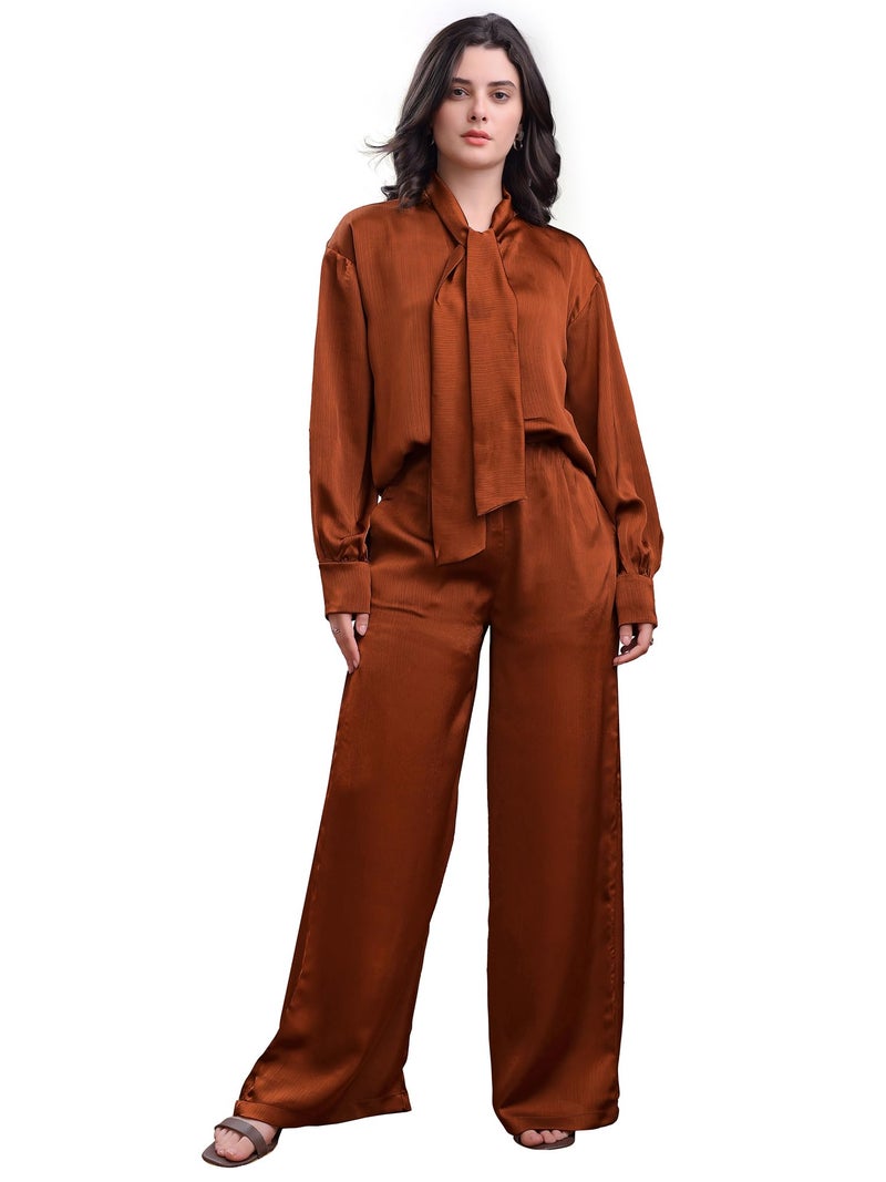 PURVAJA Women’s Midi Satin Brown Co-Ords(Razy-040-L) - Image 1
