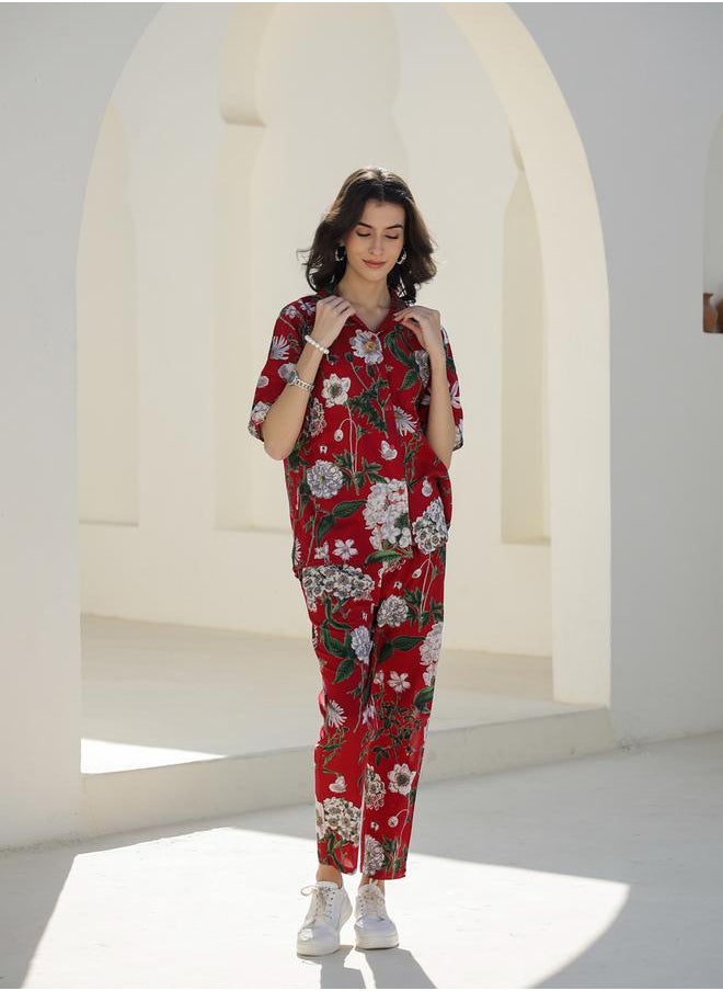 sanskrutihomes - Floral Printed Pure Cotton Shirt and Pyjama Set by Styli - Image 1