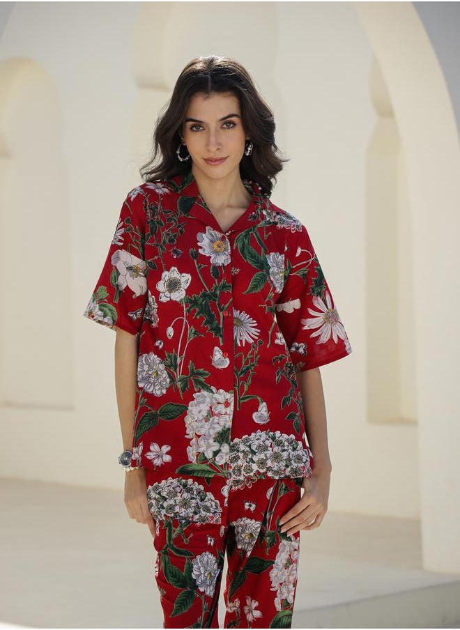 sanskrutihomes - Floral Printed Pure Cotton Shirt and Pyjama Set by Styli - Image 1