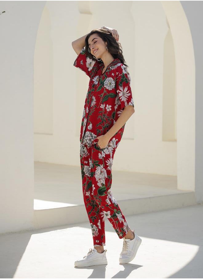 sanskrutihomes - Floral Printed Pure Cotton Shirt and Pyjama Set by Styli - Image 1