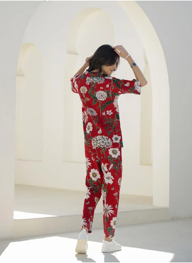 سانسكريتي هومز Floral Printed Pure Cotton Shirt and Pyjama Set