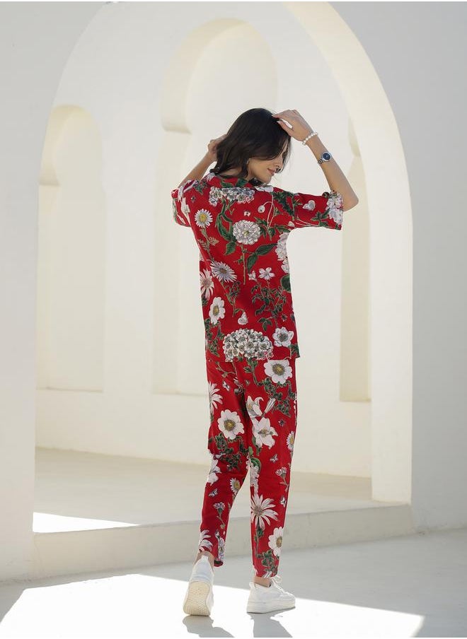 sanskrutihomes - Floral Printed Pure Cotton Shirt and Pyjama Set by Styli - Image 1