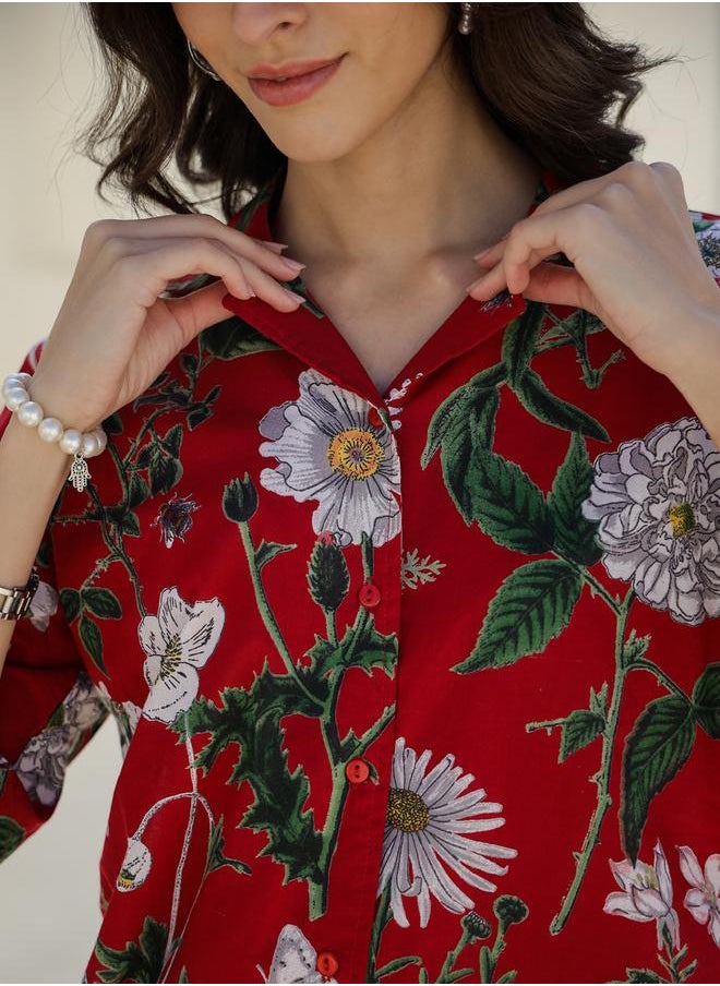 sanskrutihomes - Floral Printed Pure Cotton Shirt and Pyjama Set by Styli - Image 1