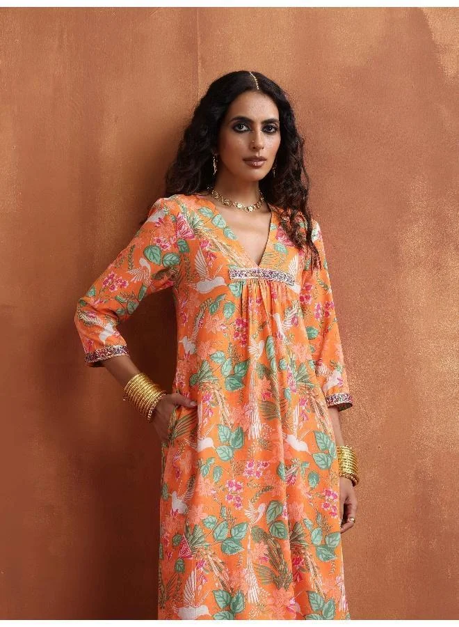 trueBrowns Orange Floral Print A-line Kurta Set