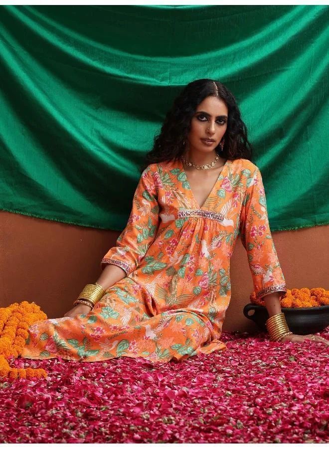 trueBrowns Orange Floral Print A-line Kurta Set