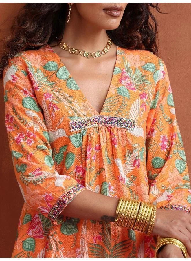 trueBrowns Orange Floral Print A-line Kurta Set