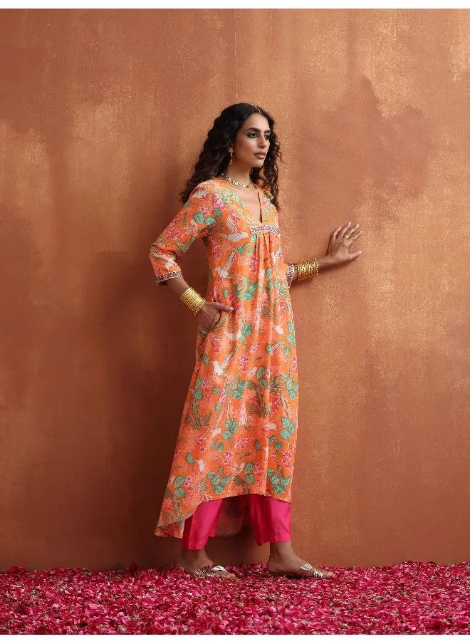 ترو برونز trueBrowns Orange Floral Print A-line Kurta Set