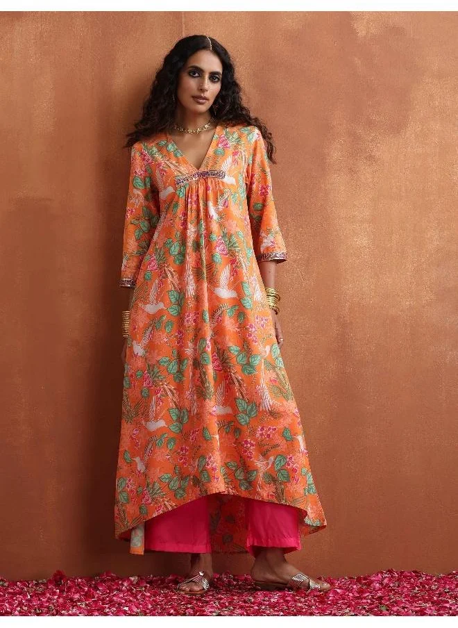 trueBrowns Orange Floral Print A-line Kurta Set