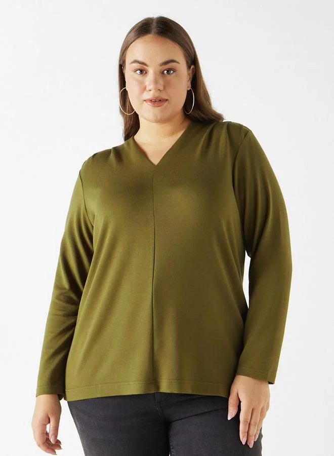 Ulla Popken Plus Size Ulla Popken V-neck Top with Long Sleeves