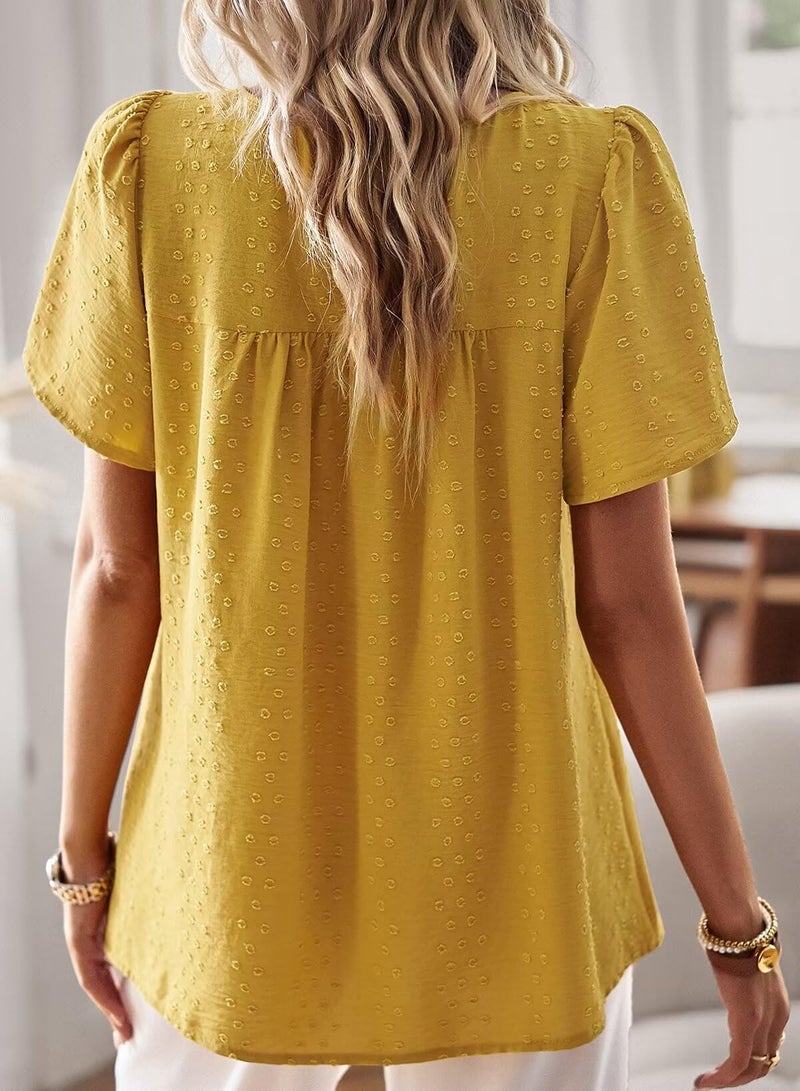 Falechay Cute Tops Womens Tunic Tops to Wear with Leggings Spring Shirts for Women Dressy Casual Lace Crochet Crew Neck Short Sleeve Cute Blouses Boho Clothing Plus Size XL Yellow - Image 3