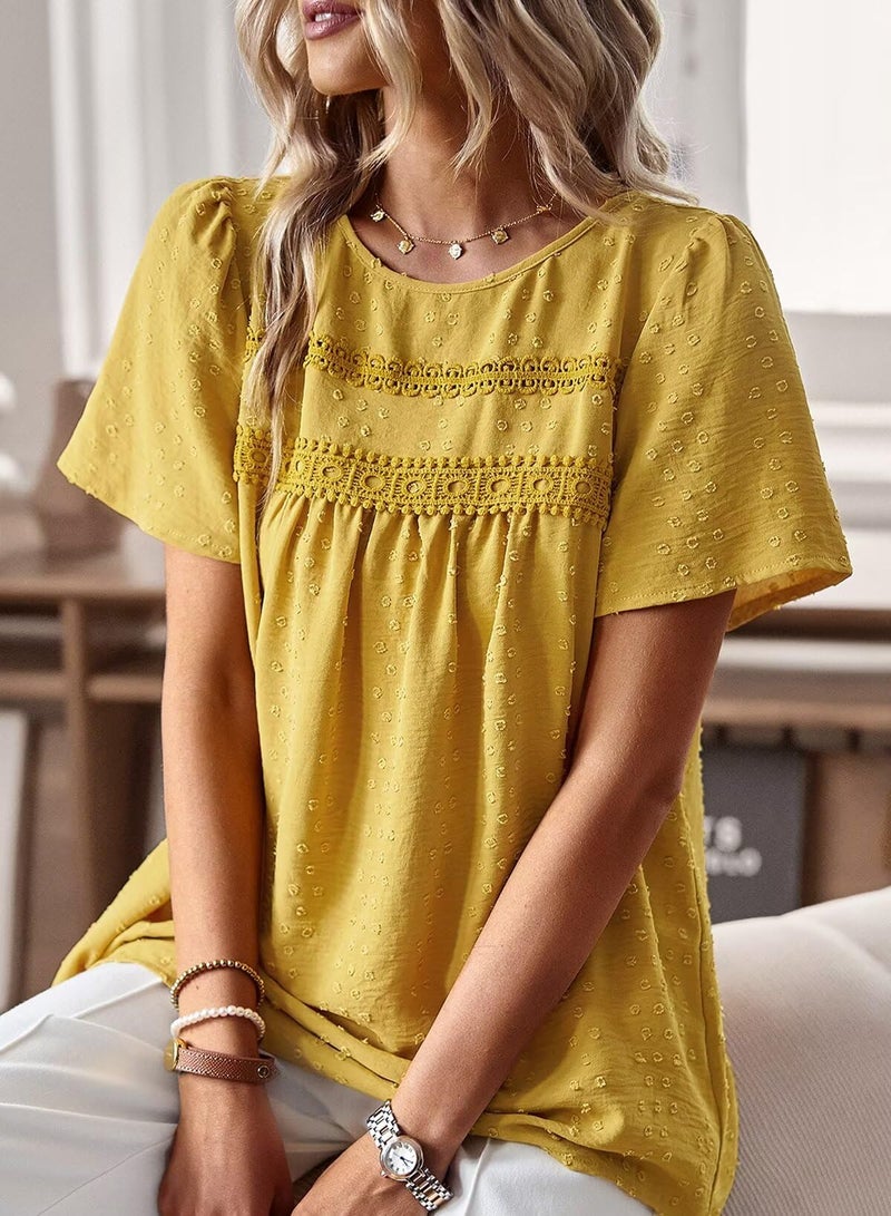 Falechay Cute Tops Womens Tunic Tops to Wear with Leggings Spring Shirts for Women Dressy Casual Lace Crochet Crew Neck Short Sleeve Cute Blouses Boho Clothing Plus Size XL Yellow - Image 2
